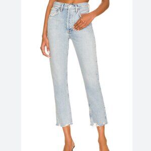AGOLDE • Riley High Rise Crop Straight Leg Blue Raw Hem Jeans in Curio • 29/30